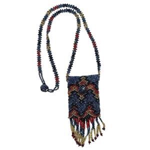 VTG Multi‎ Color Seed Bead Pouch Necklace Amulet Sachet Medicine Bag Fringe Boho